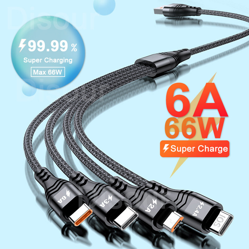 DISOUR 2022 NEW 6A Super Fast Charging Cable 4 In 1 Nylon Braided Cable IOS Micro USB Type-C 6A 66W For i Phone13 12 11Pro Xiaomi Huawei Universal