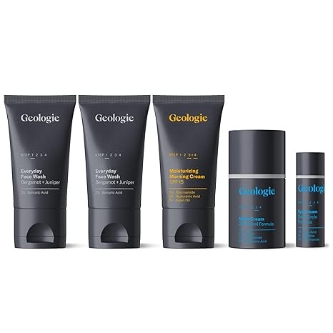Geologie Complete Skincare Set | 5-Piece 90-Day Supply | Acne, Oil, Dark Spots | Salicylic Acid Face Wash (2 count), 0.2% Retinol Night Cream, SPF15 Niacinamide Moisturizer, Dark Circle Eye Cream