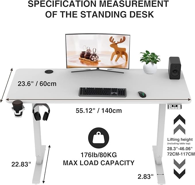 Electric Standing Desk Height Adjustable, Large 55 inch Sit Stand up Desk Home Office Computer Ergonomic Desk Memory Preset with Pencil Tray, White&Wood